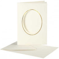 Passepartout Card, card size 10,5x15 cm, hole size 6,5x8,8 cm, off-white, oval with gold border, 10sets [HOB-23724]