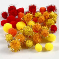 Pompoms, D: 15+20 mm, 48 mixed, yellow, orange, red [HOB-51882]