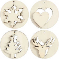 2-in-1 Hanging Decorations, D: 7 cm, thickness 4 mm, plywood, 8pcs, hole size 3 mm